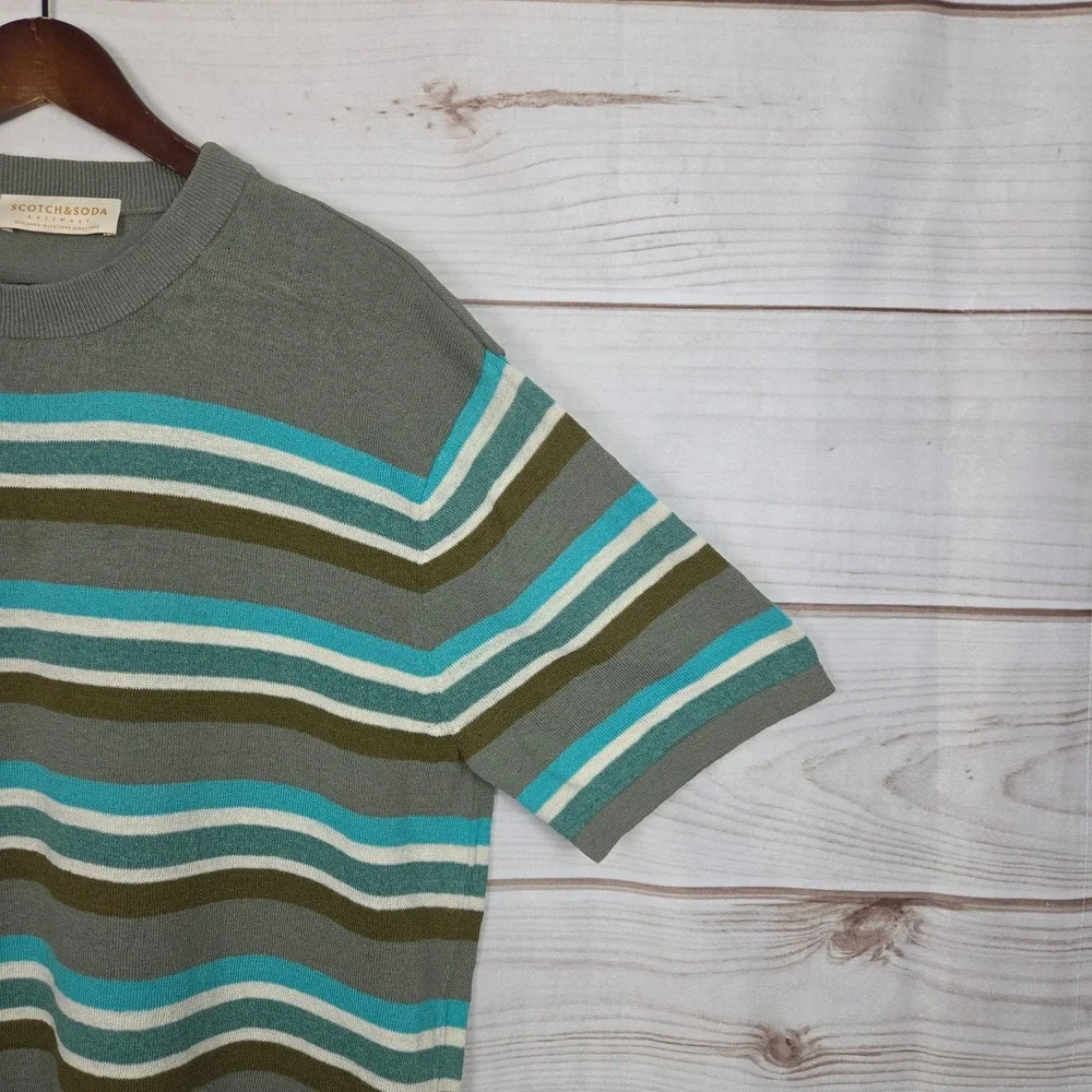 Scotch & Soda Knit Sweater Mens Medium Grey Striped Short Sleeve Linen Blend
